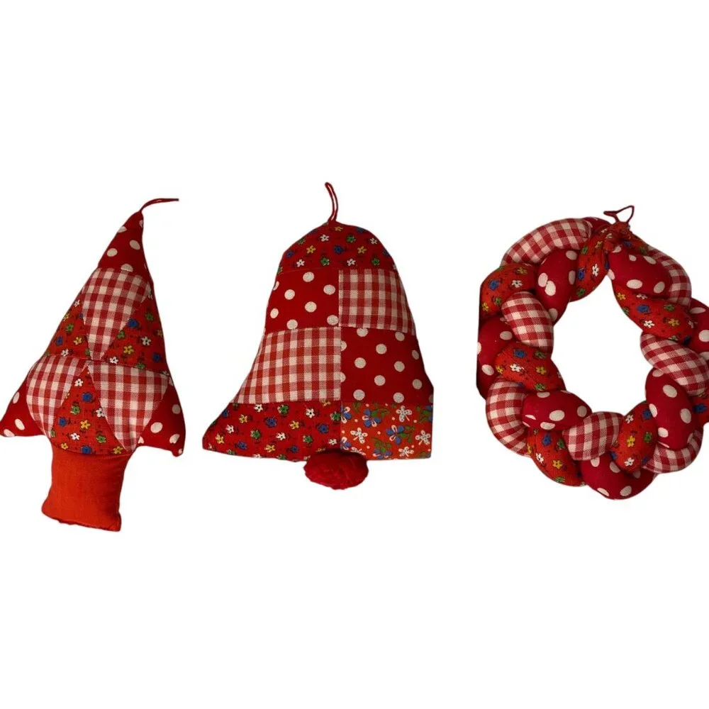 Handcrafted Red Patchwork Christmas Decoration Set Plush Tree Bell Wreath Rustic
